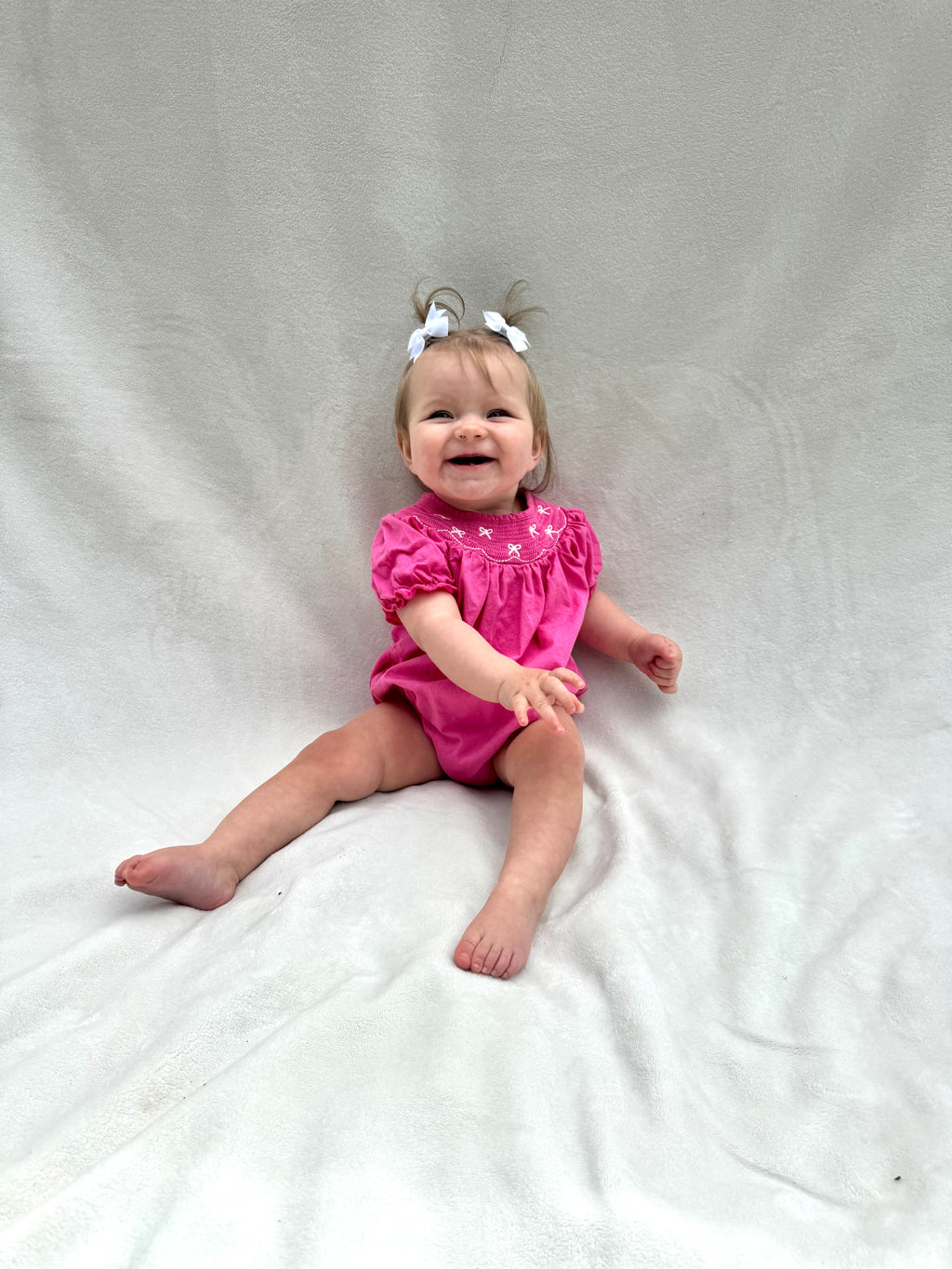 Embroidery Hot Pink Bow Smocked Bubble