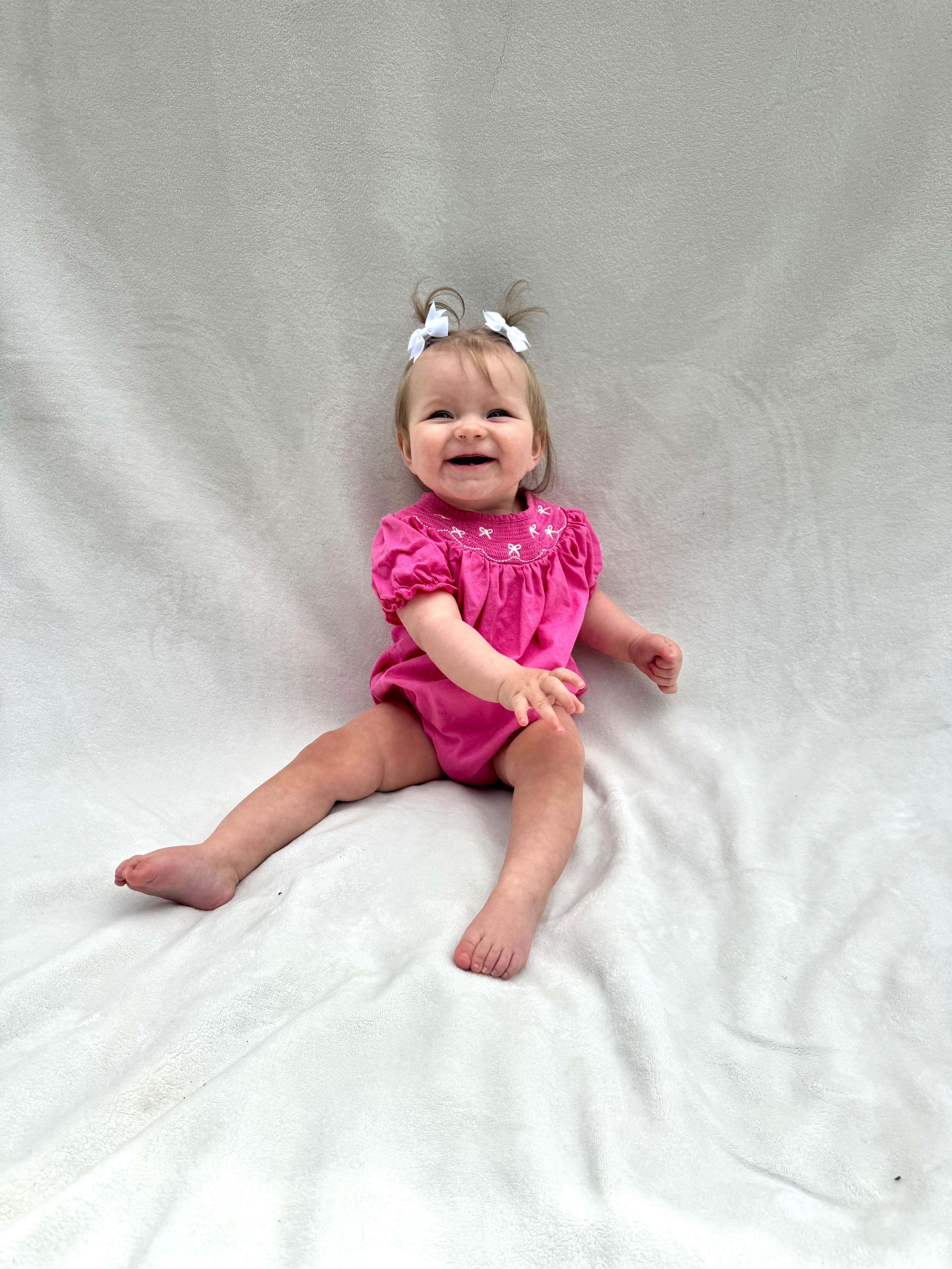 Embroidery Hot Pink Bow Smocked Bubble