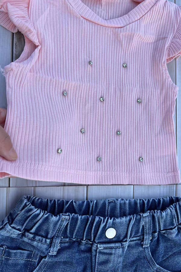 Pink Rhinestone Ruffle Sleeve Top