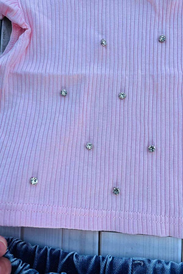 Pink Rhinestone Ruffle Sleeve Top