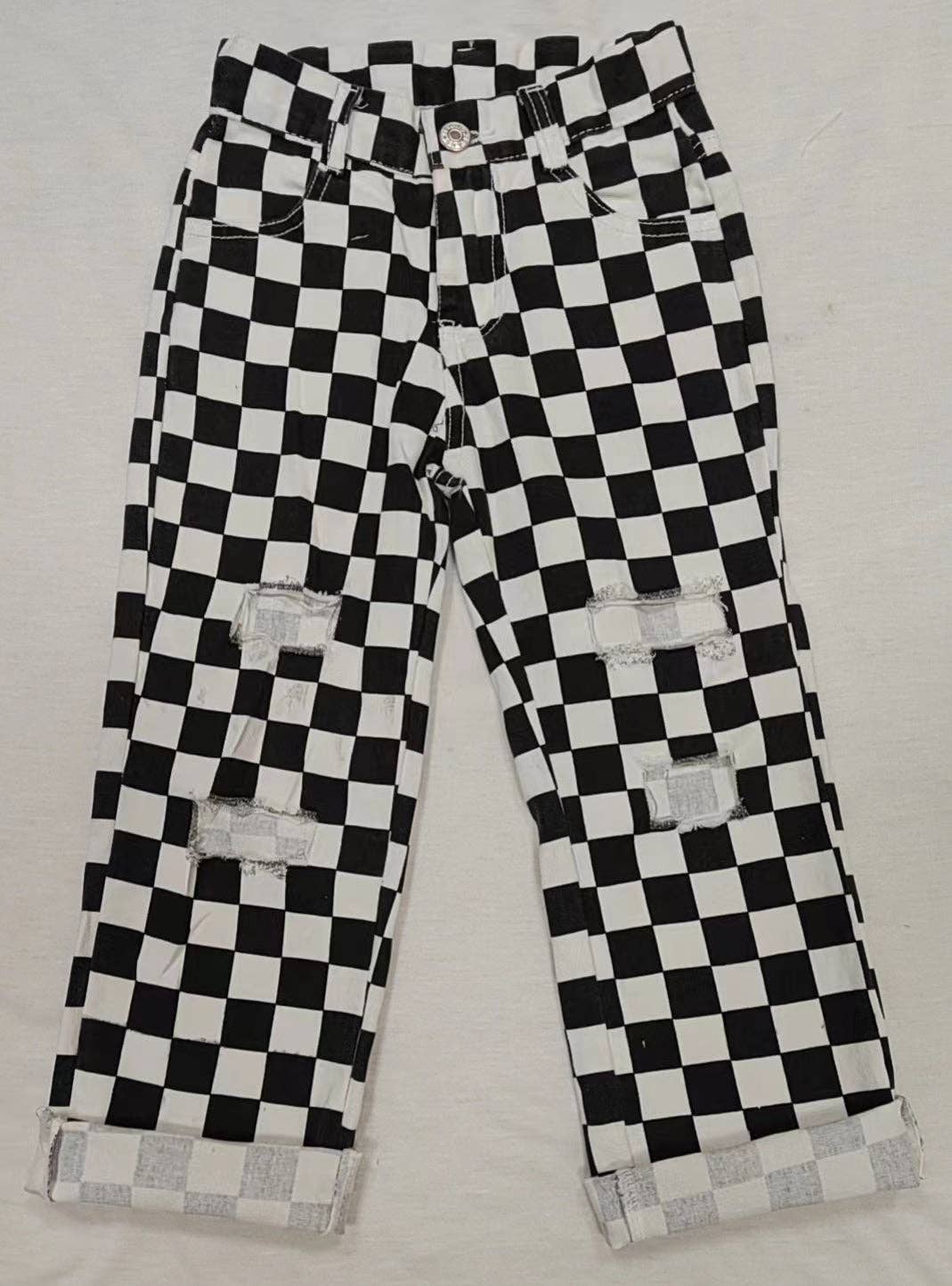Unisex Black Checkered Denim Pants