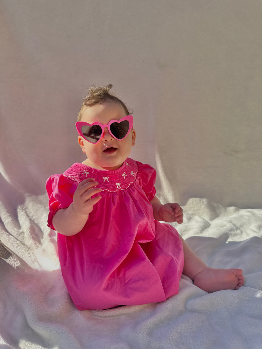 Embroidery Hot Pink Bow Smocked Dress