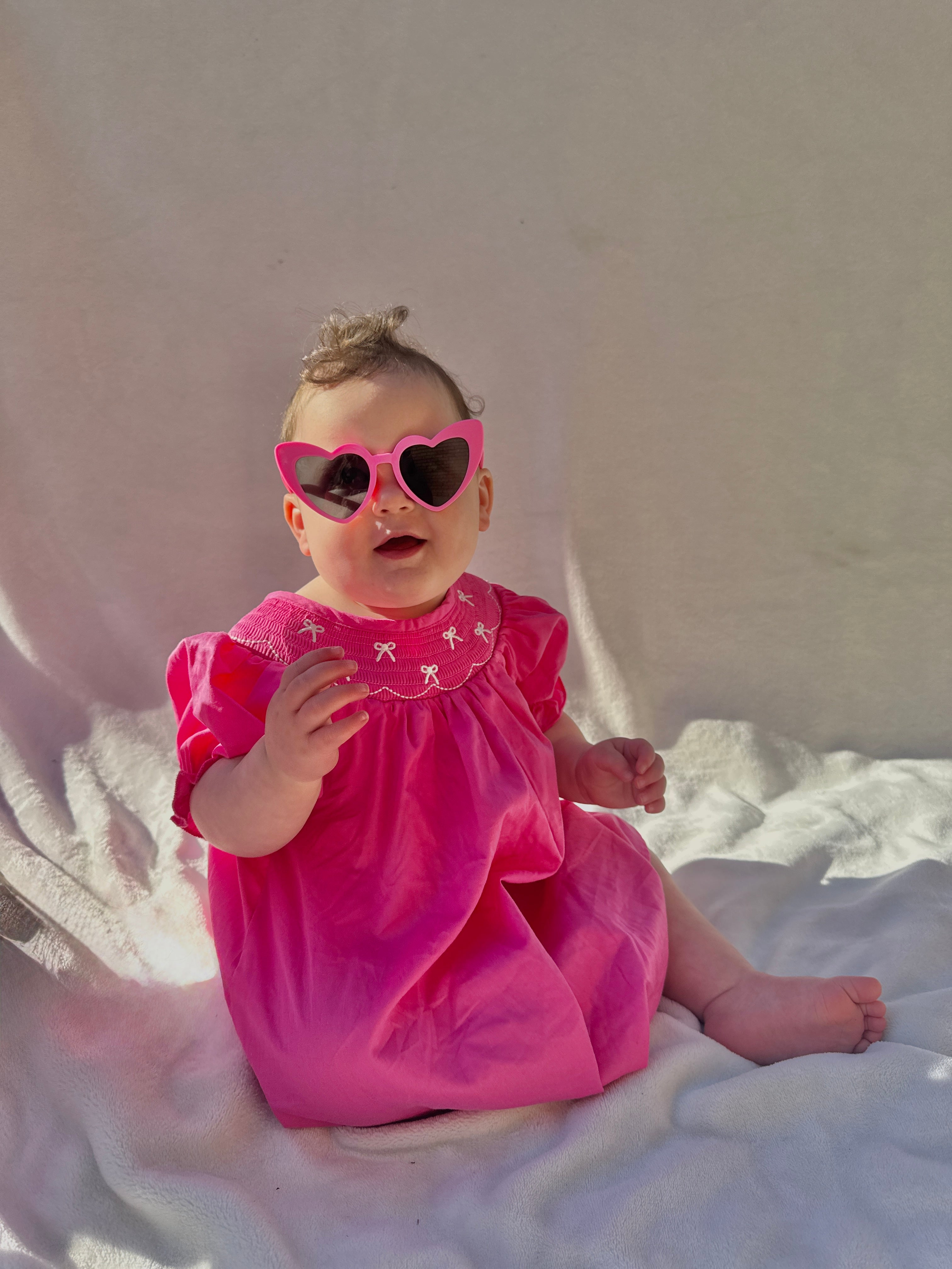 Embroidery Hot Pink Bow Smocked Dress