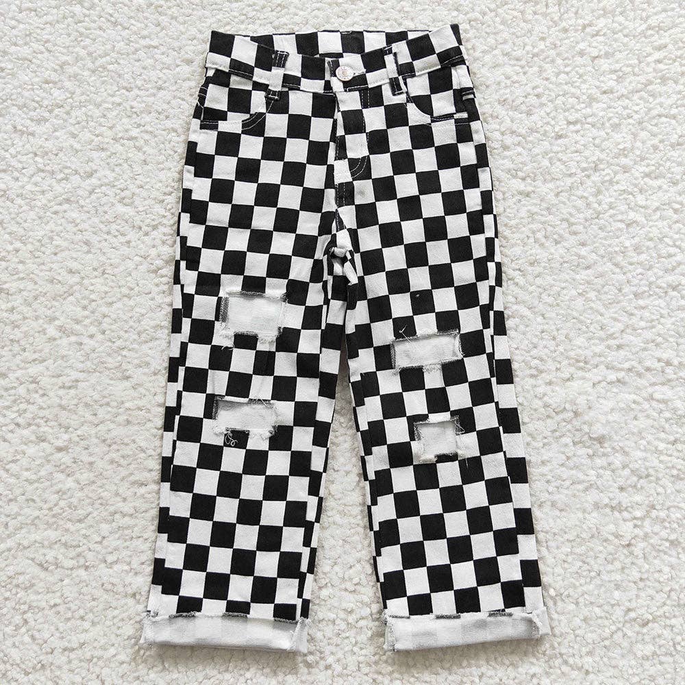 Unisex Black Checkered Denim Pants